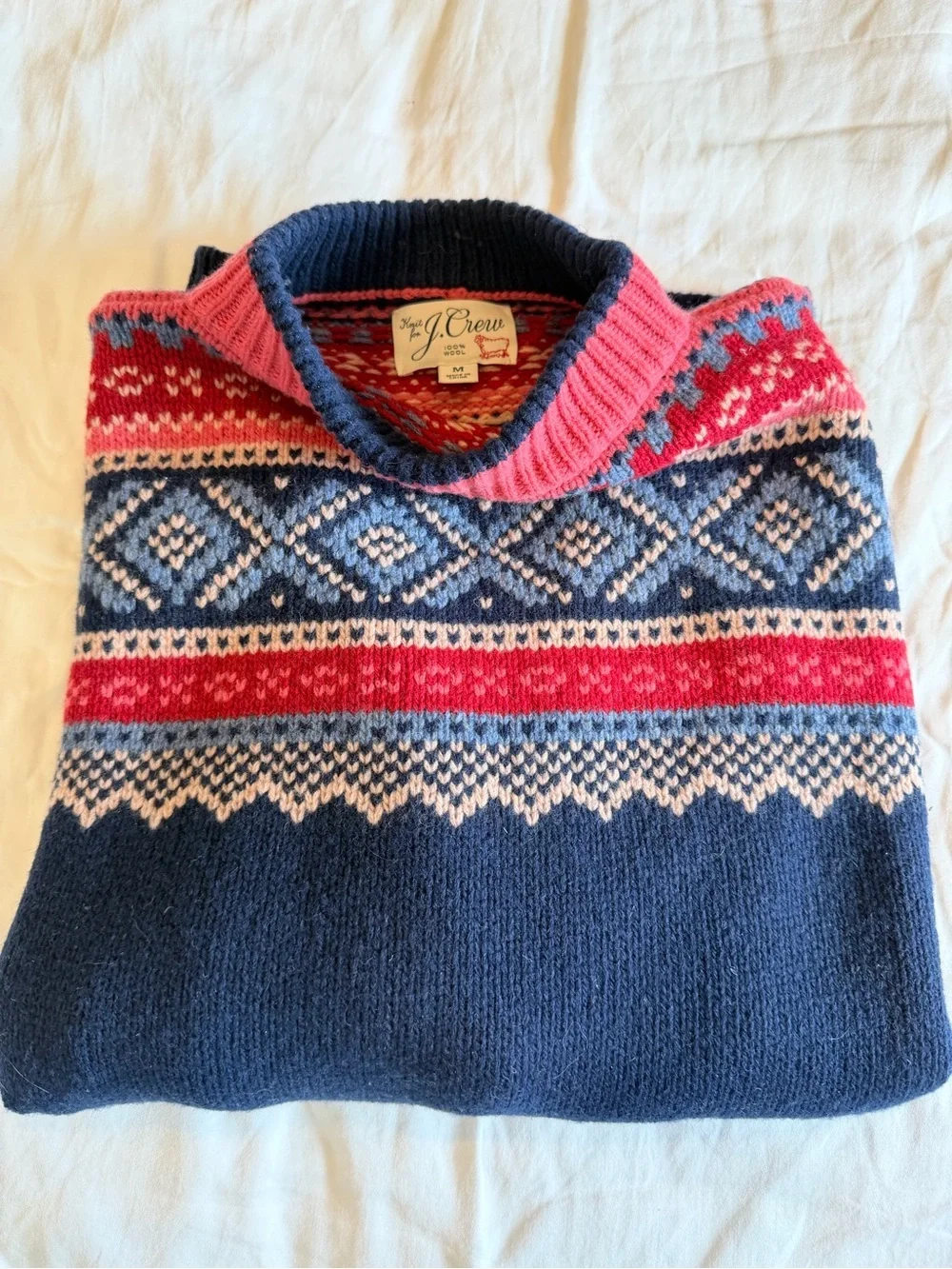J. Crew Men's Wood Crewneck Sweater with Pink and Cream Fair Isle Pattern